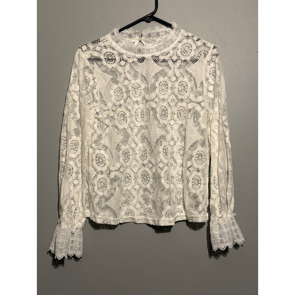 Women’s Ivory Floral Lace Blouse Sheer High Neck Bell Sleeve Romantic Boho